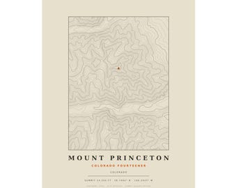 Lámina topográfica del Monte Princeton / Mapa mural de los picos de más de 14.000 pies de Colorado / Elige tu edición