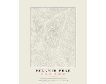 Lámina topográfica de Pyramid Peak / Mapa mural de las montañas de Colorado de más de 14.000 pies / Elige tu edición