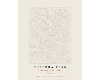 Lámina topográfica del Pico Culebra / Mapa mural de los picos de más de 14.000 pies de Colorado / Elige tu edición