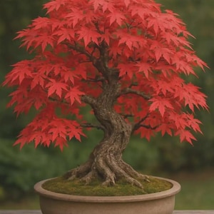 Könnte beinhalten: Ein Bonsai-Baum mit einem dicken, strukturierten braunen Stamm mit sichtbaren Wurzeln und einer dichten Krone aus leuchtend roten, sternförmigen Ahornblättern. Der Baum steht in einer flachen, runden, beigen Keramikschale mit grünem Moos.