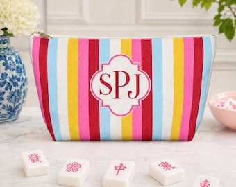 Colorful Pink Striped Custom Monogram Mahjong Tile Bag