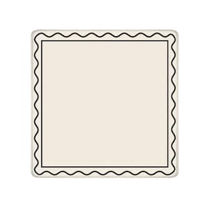May include: A square-shaped off-white coaster or mat featuring a distinct black scalloped border design. The central area is a solid, plain off-white color, framed by a thin black line and an outer wavy, scalloped black edge on all four sides.
