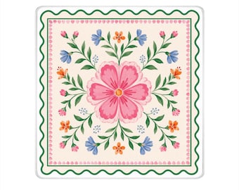 Roze en groene mahjongmat met geschulpte zomerbloemen