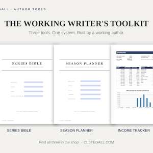 Könnte beinhalten: Das Working Writer's Toolkit umfasst drei digitale Dokumente: Series Bible, Season Planner und Income Tracker. Jede Seite zeigt schwarzen Text auf weißem Hintergrund mit blauen Eingabefeldern und einem Finanz-Dashboard.
