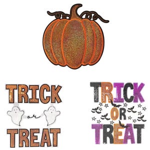 May include: A collection of three Halloween-themed designs featuring a large orange glittery pumpkin with a dark stem, the text "TRICK OR TREAT" with two white ghosts, and the text "TRICK OR TREAT" with black bats and stars in orange and purple.