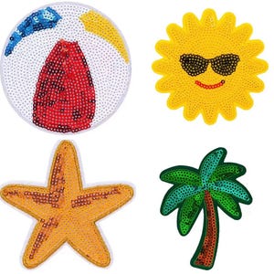May include: A set of four sequin patches featuring a round beach ball with red, blue, and yellow segments, a yellow sun with black sunglasses, an orange starfish, and a green palm tree with a brown trunk, all with a shimmering finish.
