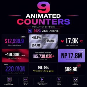 Może przedstawiać: Cyfrowa grafika przedstawiająca 9 animowanych liczników dla programu After Effects 2023 i nowszych. Układ zawiera różne numeryczne punkty danych, w tym przychody, wartości procentowe i metryki projektu, na ciemnym tle z fioletowymi i czerwonymi akcentami.