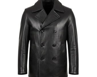 Men's Black German Double-Breasted WW2 Naval Military Pea Coat cowhide Leather
