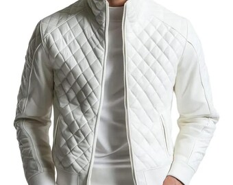 Handmade Men’s Diamond Quilted Leather Jacket Genuine Lambskin Slim Fit Biker Style