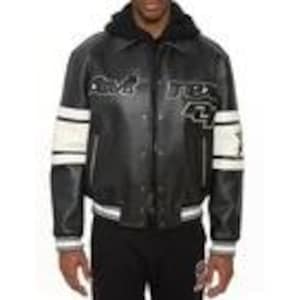 May include: A black leather jacket featuring a black hood, a front snap-button closure, and white striped detailing on the sleeves. The chest displays embroidered text reading "avirex" and "4" in a bold, stylized font with white outlines.