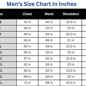 May include: A size chart table titled Size Chart In Inches with columns for Size, Chest, Waist, Shoulders, and Sleeve Length. The rows list sizes from XS to 7XL with corresponding measurements in inches for each category provided in the table.