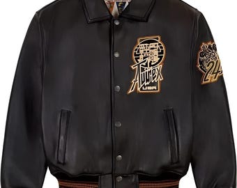 Avirex Men's Handmade Black Twin Dragon Motorcycle Jacket Geniune Cowhide Leather Jacket