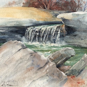 May include: Watercolor painting of a small waterfall cascading over rocks into a green pool. The water is clear and the rocks are gray and brown. The painting is done in a realistic style.