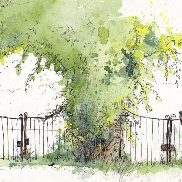 Roosevelt School Gate - print of original watercolor by Cathy Johnson