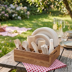 Acacia Wood Utensil Holder: 6 Compartment Organizer for Parties, Buffets, Kitchen