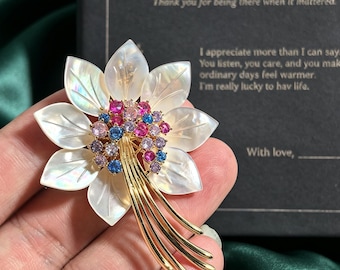 Vintage Mother of Pearl Flower Brooch, Multicolor Crystal Gold Tassel Pin, Custom Gift Box, Elegant Floral Wedding Jewelry
