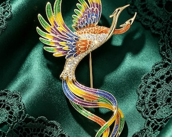 Enamel Phoenix Brooch, Crystal Flying‑Phoenix Lapel Pin, Vintage Suit Pin, Gift for Women