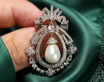Vintage Tassel Pearl Brooch, Silver Crystal Wedding Lapel Pin, Bridal Bouquet Formal Evening Jewelry Gift