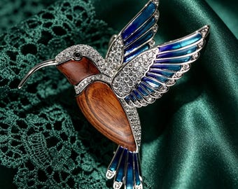 Vintage Silver Hummingbird Brooch, Natural Wood Enamel Bird Lapel Pin, Crystal Wing Nature Jewelry Gift for Bird Lovers