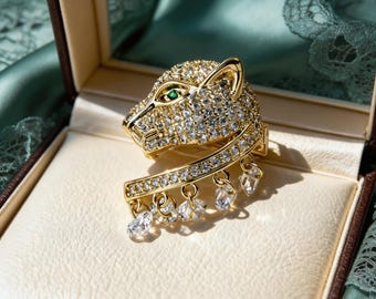 Panther Head Brooch with Emerald Eyes & Rhinestone Tassels, Luxury Animal Jewelry, Gift for Mom  Colleagues