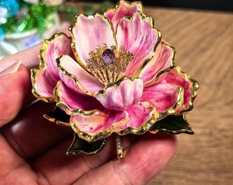Vintage Pink Enamel Peony Brooch, Gold Trim Purple Crystal Floral Lapel Pin, Elegant Flower Jewelry Gift for Her