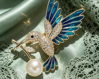 Blauw Emaille Kolibrie Broche Kristal Verharde Vogel Reversspeld Grote Parel Goud Zilver Dier Broche Elegante Jas Sieraden Cadeau voor vrouwen