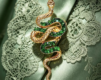 Vintage Gold Snake Crystal Brooch, Enamel Serpent Statement Pin, Oriental Lucky Jewelry Gift For Her Coat Accessory