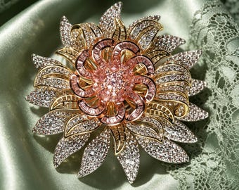 Layered Pink Chrysanthemum Crystal Brooch, Gold Paved Rhinestone Flower Pin, Luxury Lapel Jewelry Gift for Formal Wear