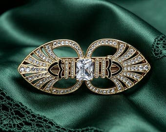 Art Deco Gold Crystal Brooch, Vintage Wedding Lapel Pin, Formal Bridal Suit Jewelry Gift