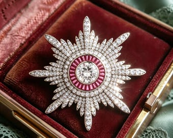 Edwardian Starburst Brooch, Pink Baguette Crystal Sun Lapel Pin, Vintage Art Deco Rhinestone Celestial Jewelry Gift For Women
