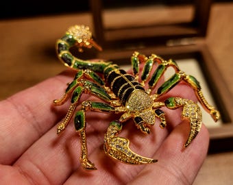 Vintage Green Enamel Scorpion Brooch, Gold Plated Crystal Lapel Pin, Gothic Animal Statement Jewelry Gift for Him Her