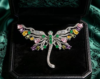 Multicolor Gemstone Dragonfly Brooch, Handmade Crystal Rhinestone Insect Jewelry, Ideal Accessory Gift