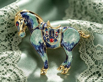 Vintage Enamel Horse Brooch, Colorful Tang Dynasty Horse Pin, Gold Plated Animal Lapel Pin, Gift for Horse Lovers, Retro Coat Accessory