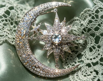 Vintage Crescent Moon North Star Brooch, Full Pave Crystal Celestial Lapel Pin, Silver Tone Witchy Astrology Coat Jewelry Gift For Women