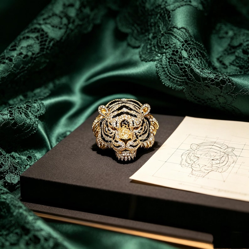 May include: A gold-toned tiger head brooch featuring black enamel stripes and clear crystal accents. The piece is displayed alongside a technical sketch of a tiger head on a white card, showcasing the intricate design and craftsmanship details.