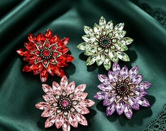 Crystal Flower Brooch, Multi Color Rhinestone Floral Pin, Antique Gold Statement Brooch Gift for Coat Shawl Wedding Accessory