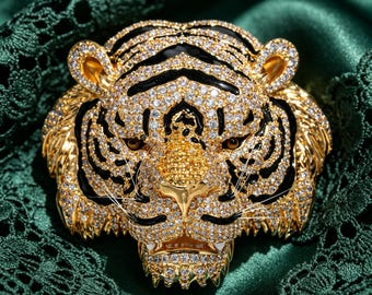 Gold Crystal Tiger Head Brooch, Black Enamel Wild Animal Lapel Pin, Luxury Men Suit Statement Jewelry Gift