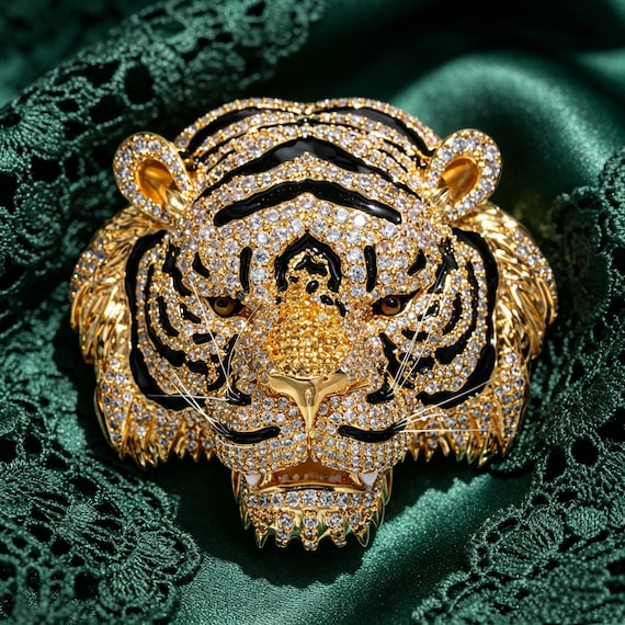 Gold Crystal Tiger Head Brooch, Black Enamel Wild Animal Lapel Pin, Luxury Men Suit Statement Jewelry Gift