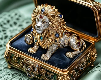 Vintage Gold Lion Statement Brooch, Multicolor Gem Crystal Rhinestone Animal Pin, Luxury Royal Jewelry Gift For Him Her
