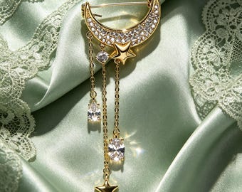Gold Crescent Moon Star Tassel Brooch, Paved Crystal Dainty Celestial Pin, Star Chain Drop Jewelry Gift for Wedding Coat Shawl