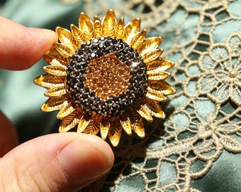 Vintage Van Gogh Sunflower Rhinestone Brooch, Gold Floral Statement Pin, Art Inspired Jewelry Gift For Her