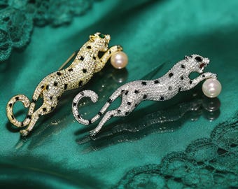 Gold Silver Leopard Pearl Brooch, Pave Crystal Panther Lapel Pin, Luxury Animal Statement Suit Jewelry Gift