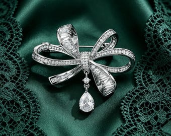 Sparkling Ribbon Bow Brooch with Pear Cut Crystal Drip Vintage Style Wedding Brooch Pin Elegant Bridal Jewelry Gift for Her Anniversary Gift
