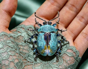 Vintage Light Blue Enamel Beetle Brooch, Silver Insect Rhinestone Statement Pin, Retro Botanical Jewelry Gift For Her