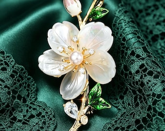 Vintage Mother of Pearl Cherry Blossom Brooch, Pearl Crystal Floral Lapel Pin, Delicate Wedding Bridal Jewelry Gift for Women