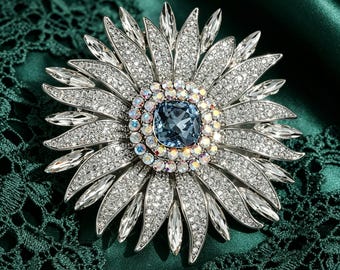 Sunflower Crystal Brooch with Blue Rhinestones, Luxury Statement Jewelry for Wedding Shawls & Coats, Gift for Women