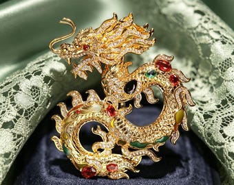 Vintage Chinese Dragon Rhinestone Brooch, Colorful Gem Enamel Gold Statement Pin, Lucky Oriental Jewelry Gift For Her Birthday Anniversary