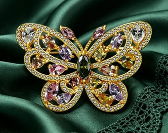 Gold Multicolor Crystal Butterfly Brooch, Wedding Lapel Pin, Vintage Bridal Suit Jewelry Gift