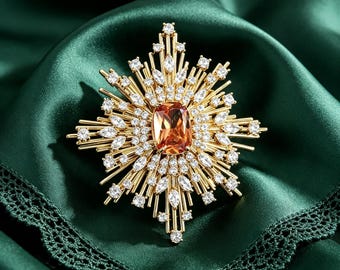 Vintage Sunburst Champagne Crystal Brooch, Gold Starburst Lapel Pin, Luxury Wedding Bridal Shawl & Hat Jewelry, Gift for Mom