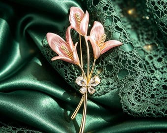 Pink Calla Lily Brooch, Crystal Bow Floral Lapel Pin, Elegant Gold Flower Suit Scarf Jewelry Gift for Women